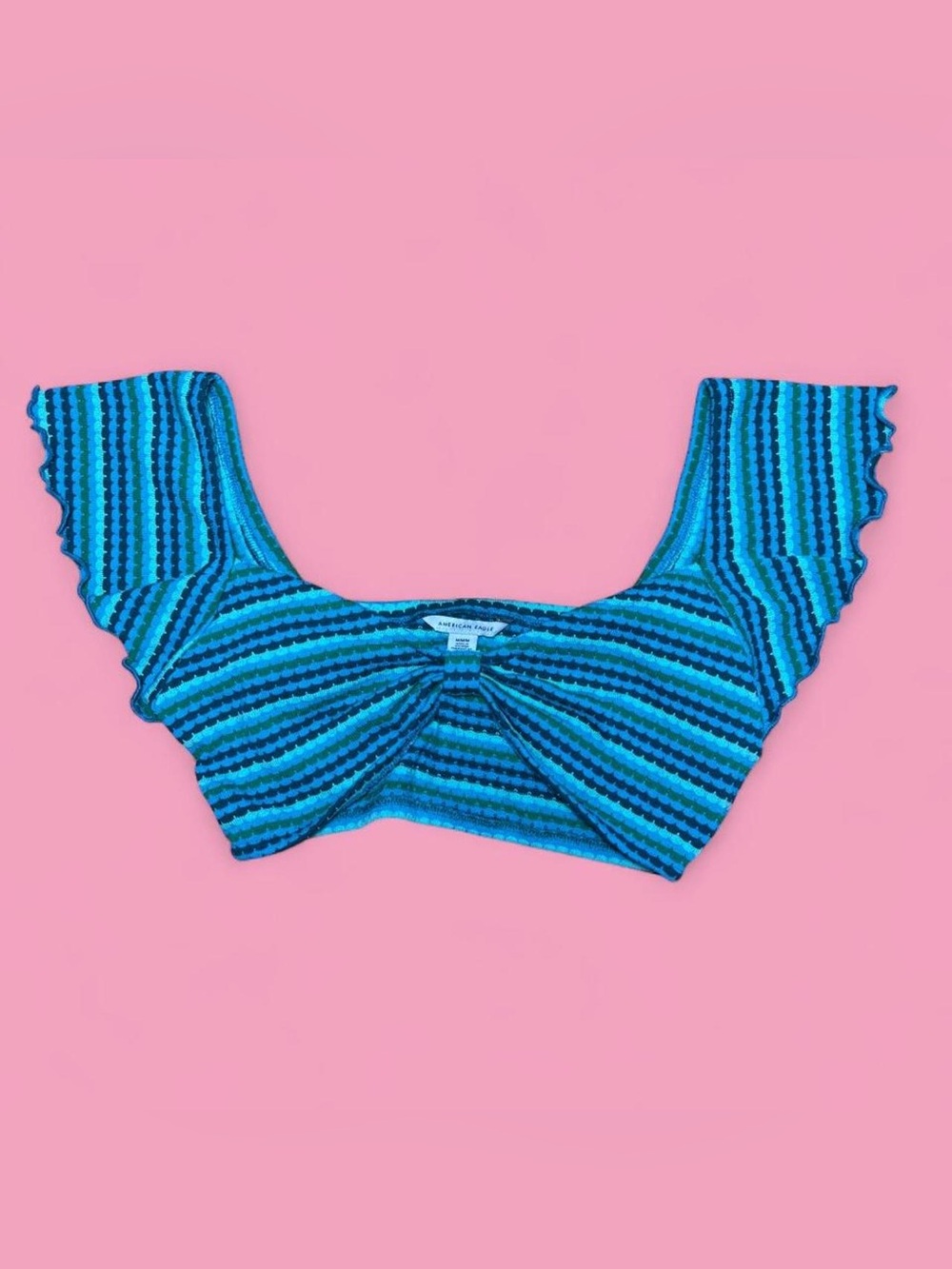 American Eagle Teal and Blue Striped Knit Twist Crop Top